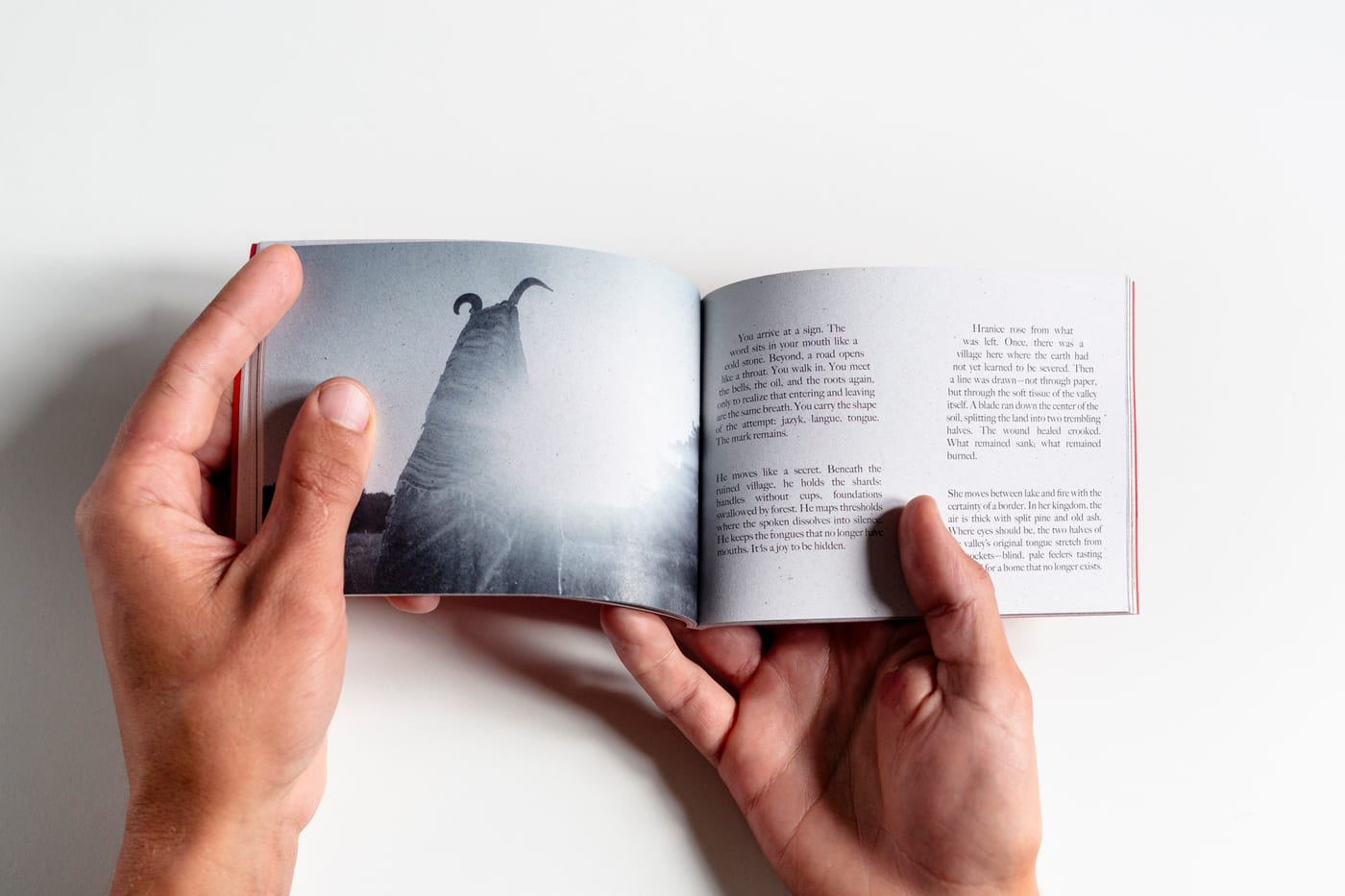 Hands hold the book open at a full page black and white photograph of a horned figure beside a page of text.