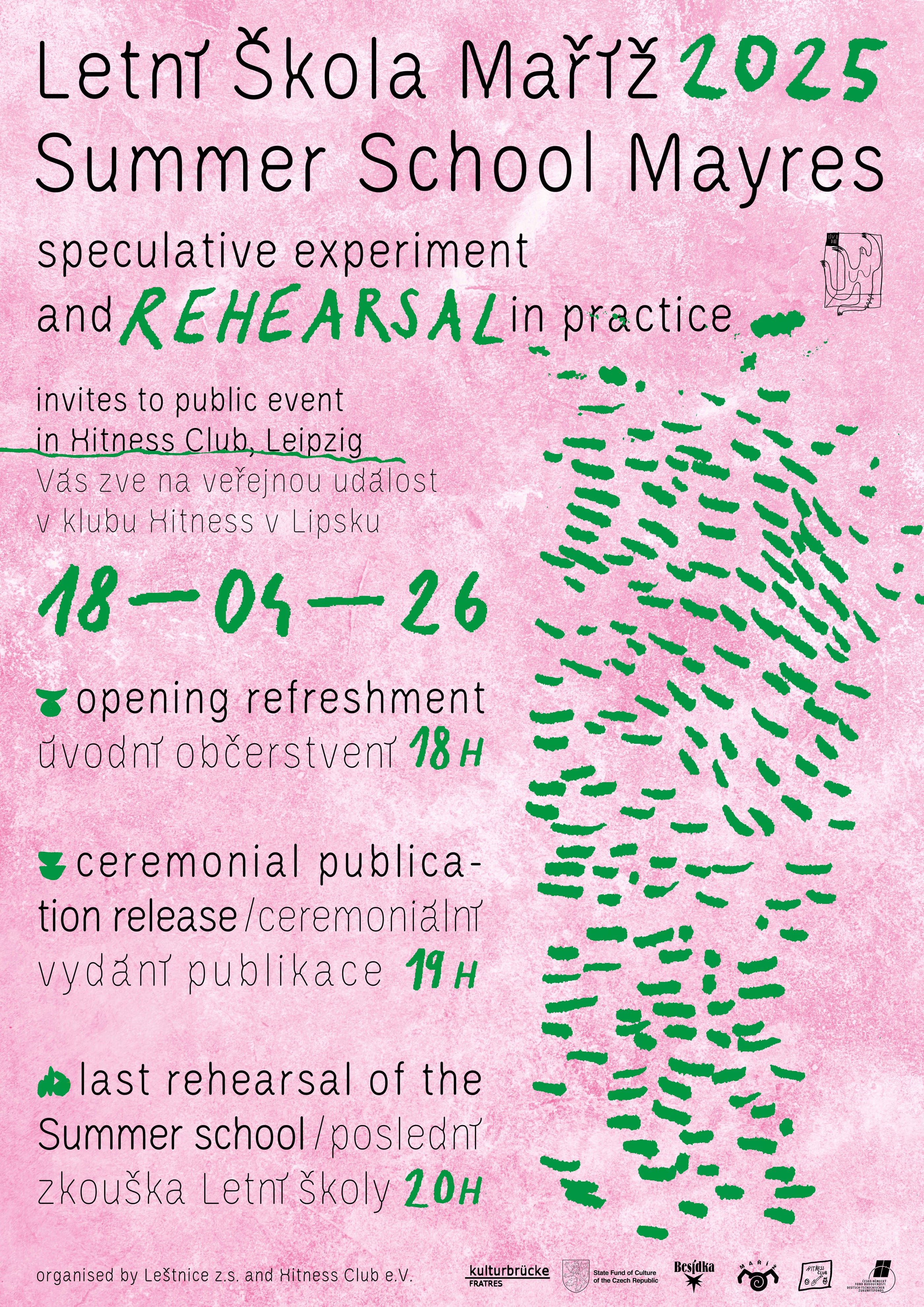 The poster for the release at Hitness Club, Leipzig, 18 April 2026: pink ground with green brush marks.