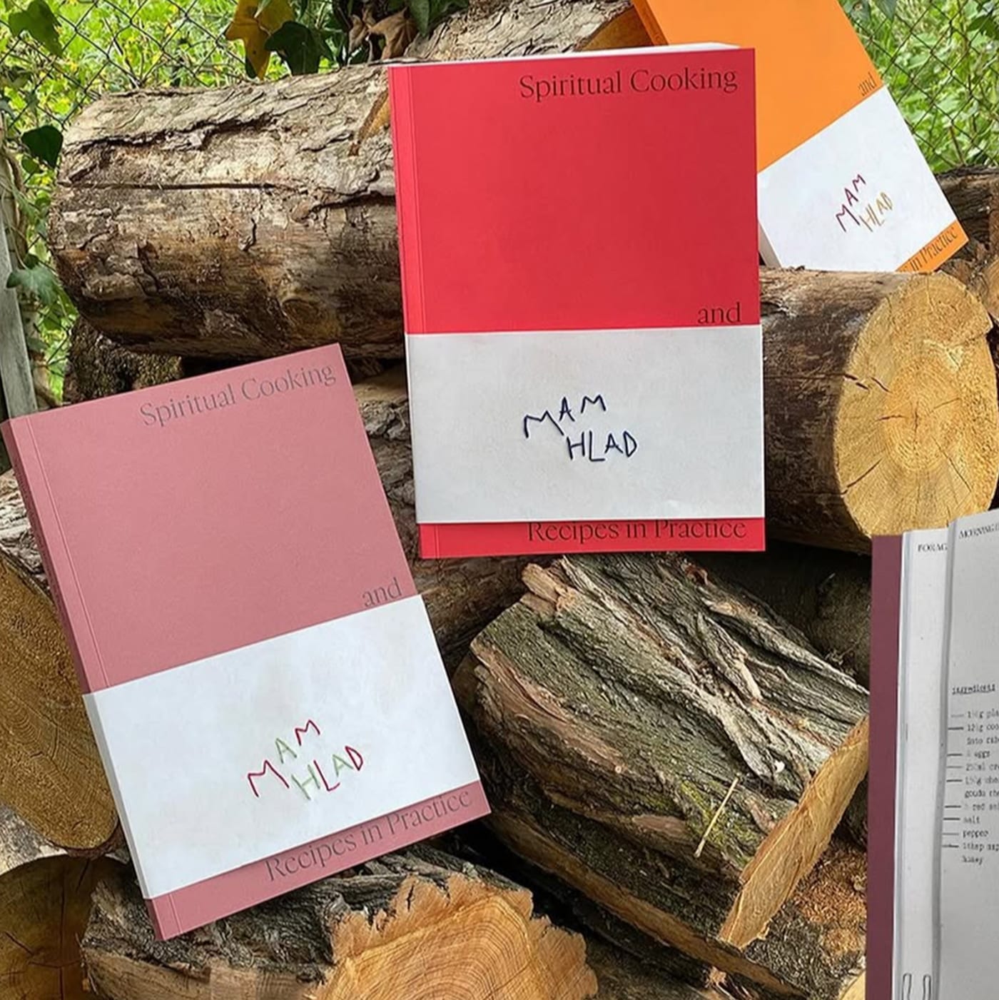 Copies of Spiritual Cooking with red and pale pink covers, stacked on logs.