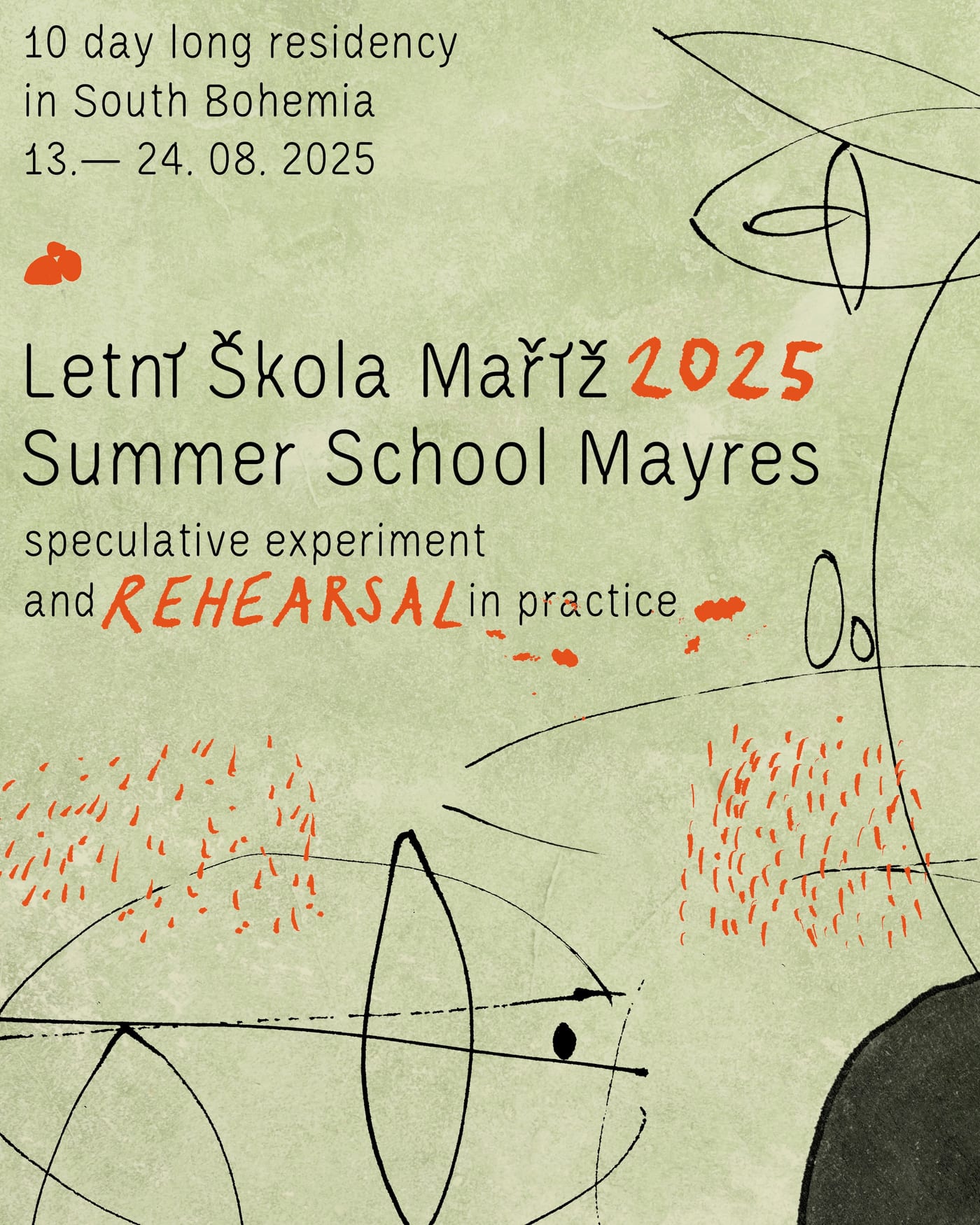 The 2025 open call poster: pale green, black line drawing and orange marks, the word REHEARSAL in red capitals.
