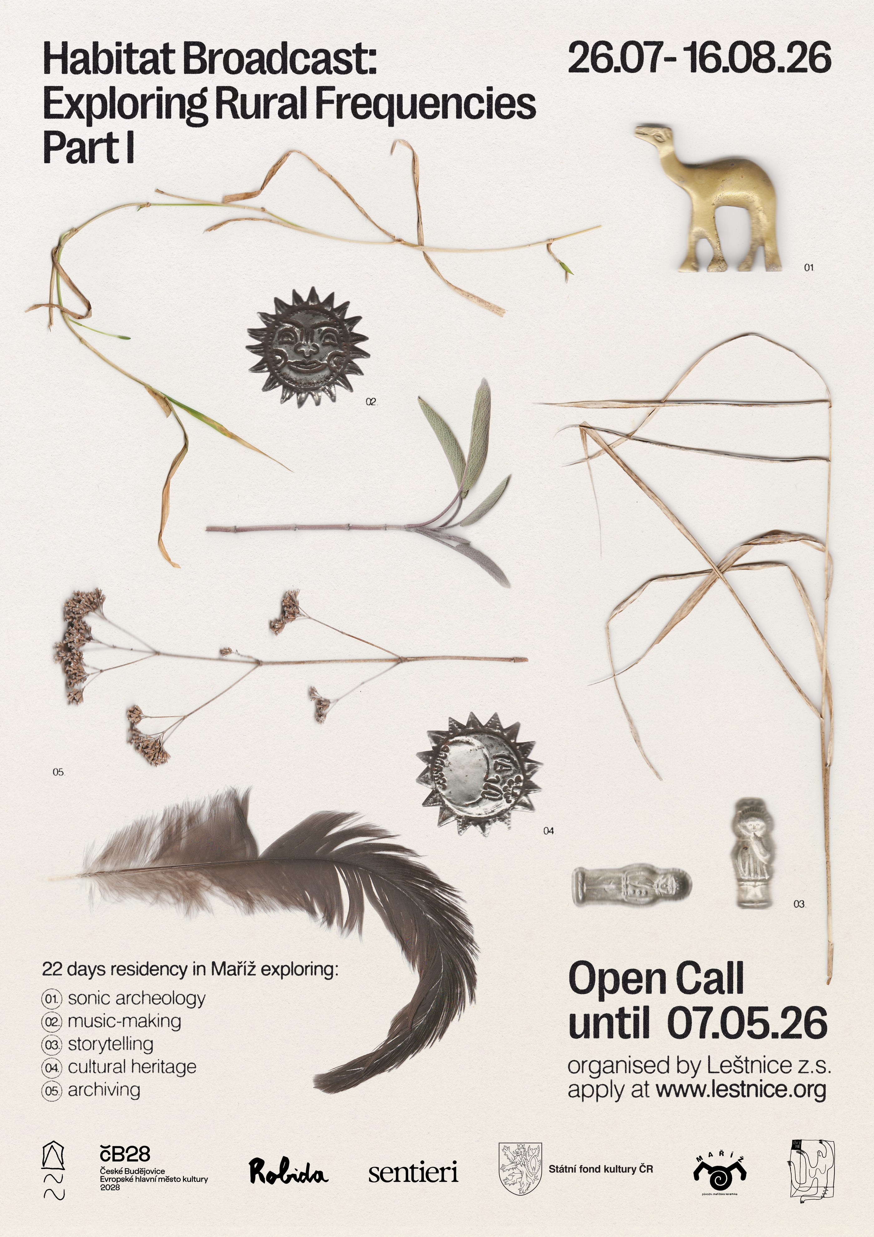 The open call poster for Habitat Broadcast, Part I: scanned grasses, a feather, a small brass camel and sun medallions on white.