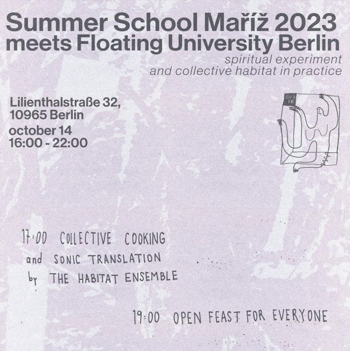 A pale purple poster for Summer School Maříž 2023 meets Floating University Berlin, with handwritten programme lines.