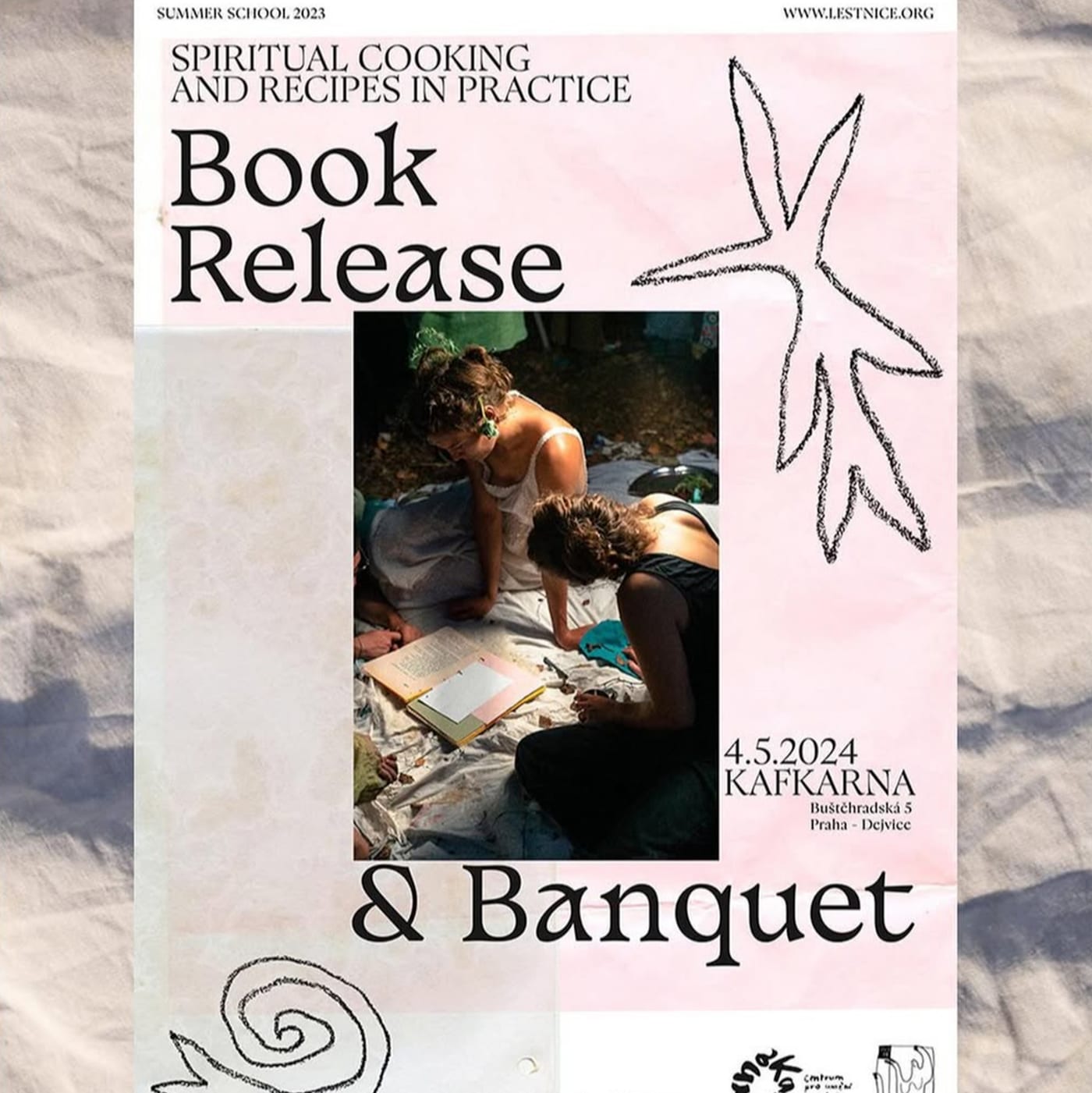 A pink poster announcing the book release and banquet at Kafkárna on 4 May 2024, with a photograph of people reading on a blanket.