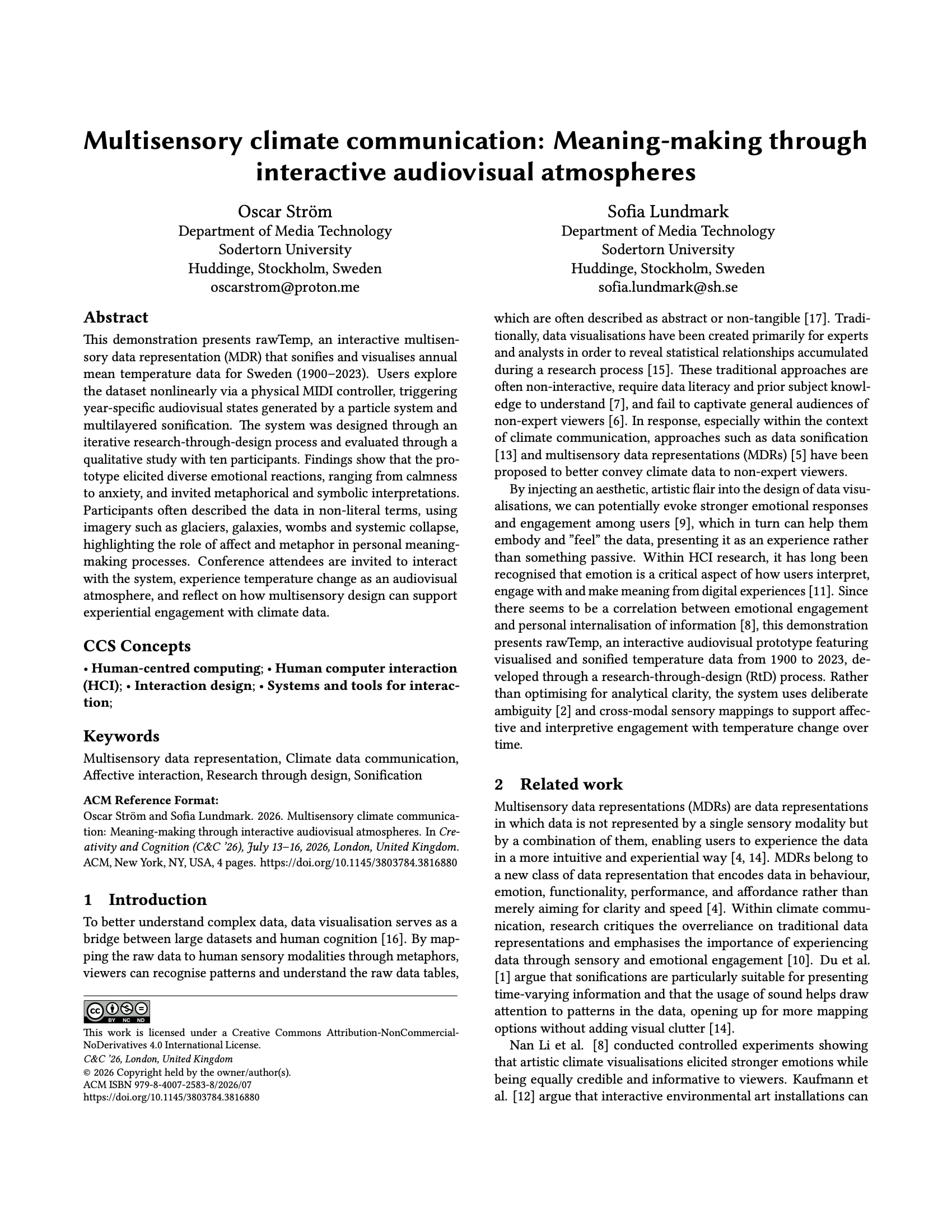 Page 1 of the paper. The title, Multisensory climate communication: Meaning-making through interactive audiovisual atmospheres, the authors Oscar Ström and Sofia Lundmark of the Department of Media Technology at Södertörn University, the abstract, the keywords, the ACM reference format, and the start of the introduction and the related work.