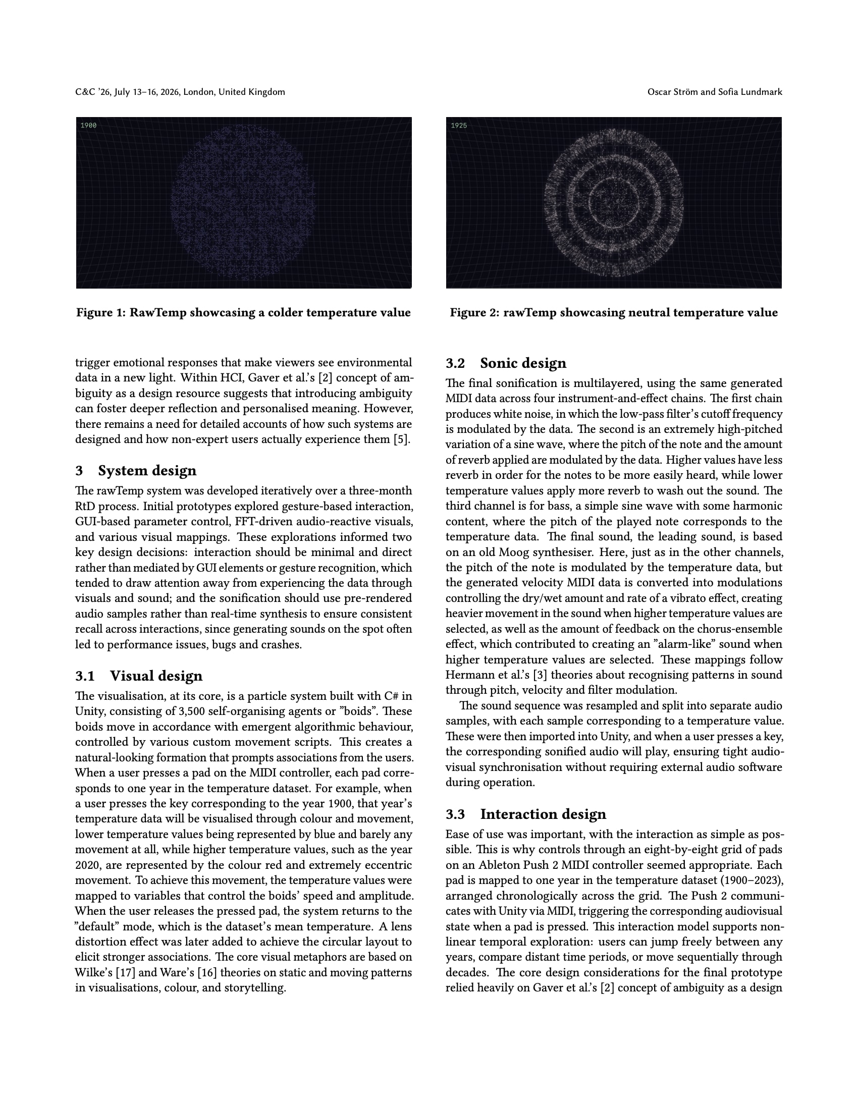 Page 2 of the paper. The end of the related work, then the system design: the visual design with a figure of rawTemp at a colder temperature, the sonic design with a figure of the neutral state, and the start of the interaction design.