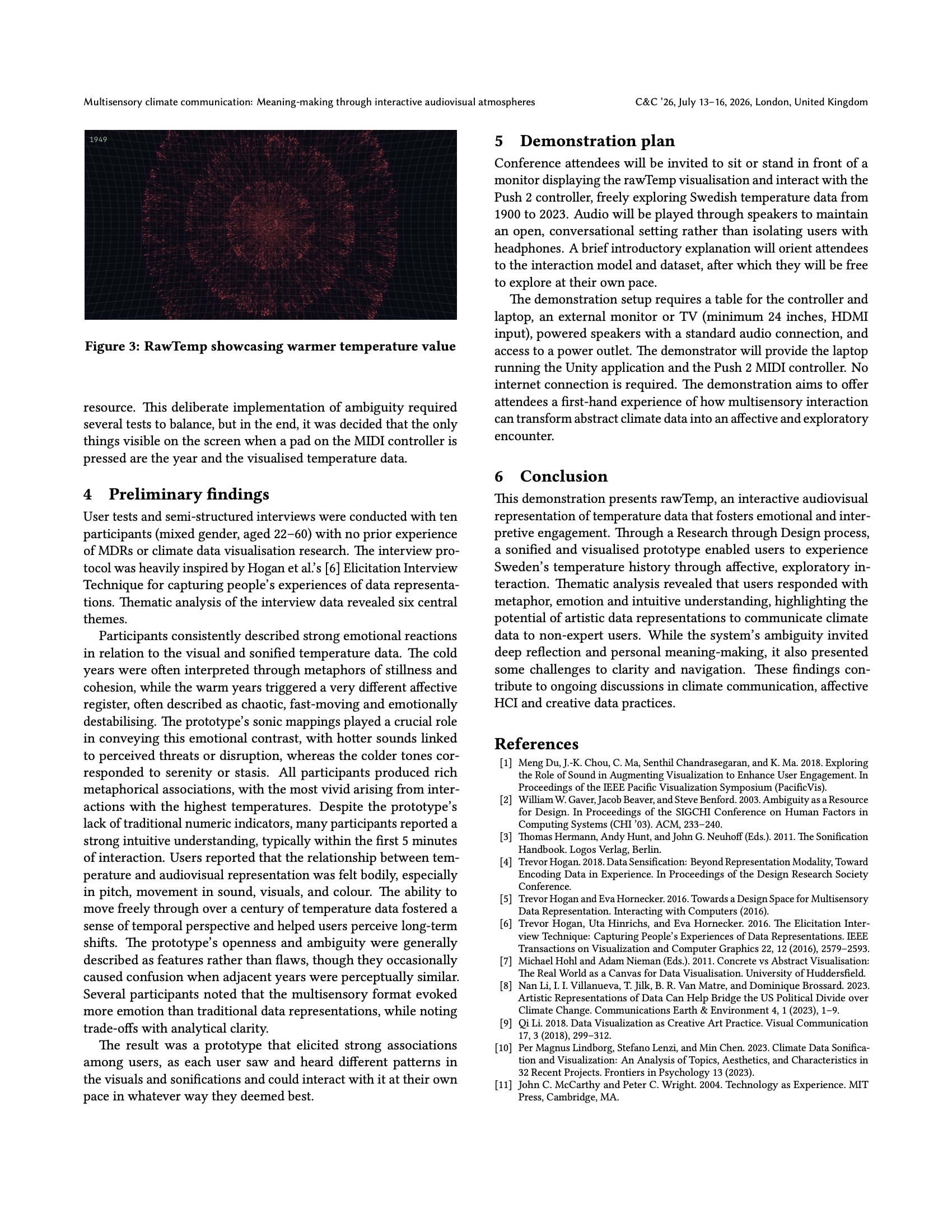 Page 3 of the paper. A figure of rawTemp at a warmer temperature, the preliminary findings from ten participants, the demonstration plan, the conclusion and the first references.