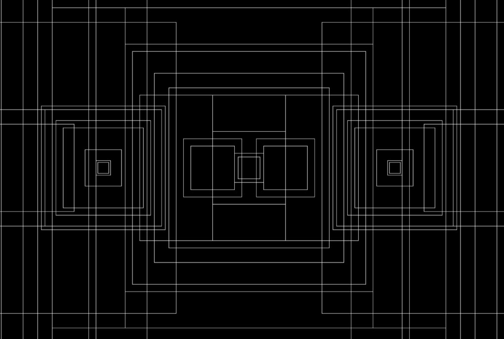 A black screen covered in thin white outlines of rectangles of many sizes, nested and overlapping, arranged symmetrically around the centre.
