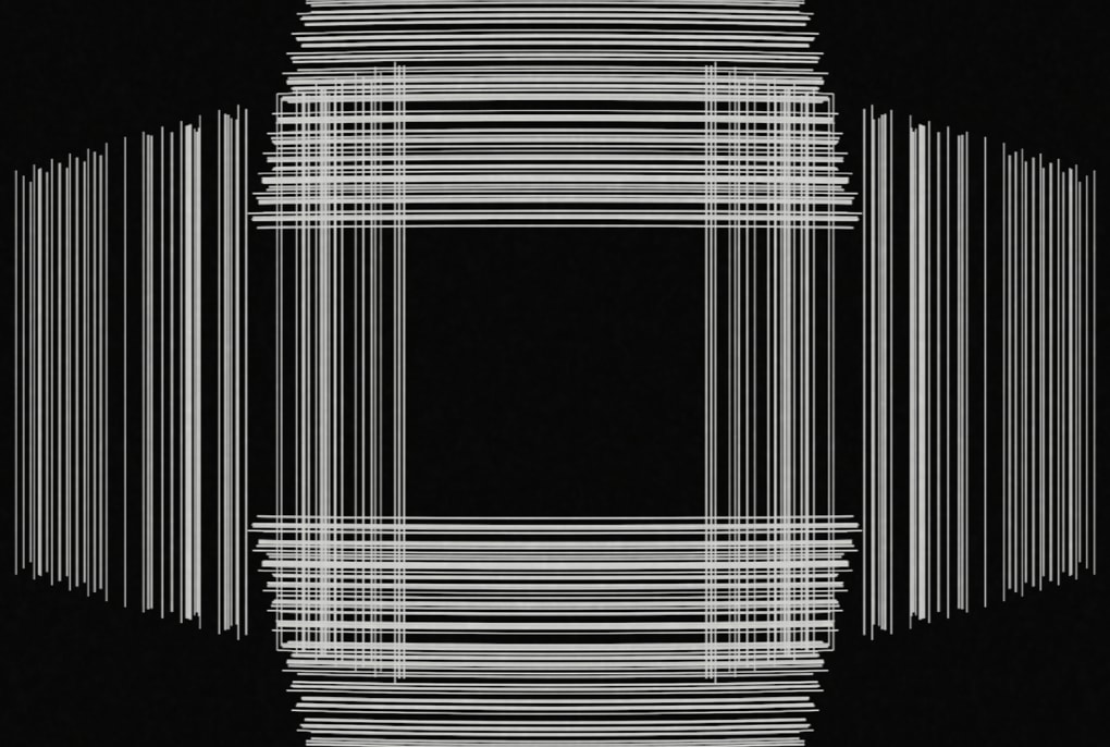 A black screen with bundles of thin white lines, horizontal ones stacked at the top and bottom and vertical ones at the sides, leaving a dark square in the middle.