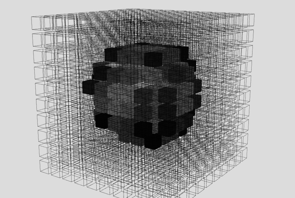 A light grey screen with a large cube drawn as a fine wireframe lattice, and inside it a rough ball of solid black and dark grey cubes.