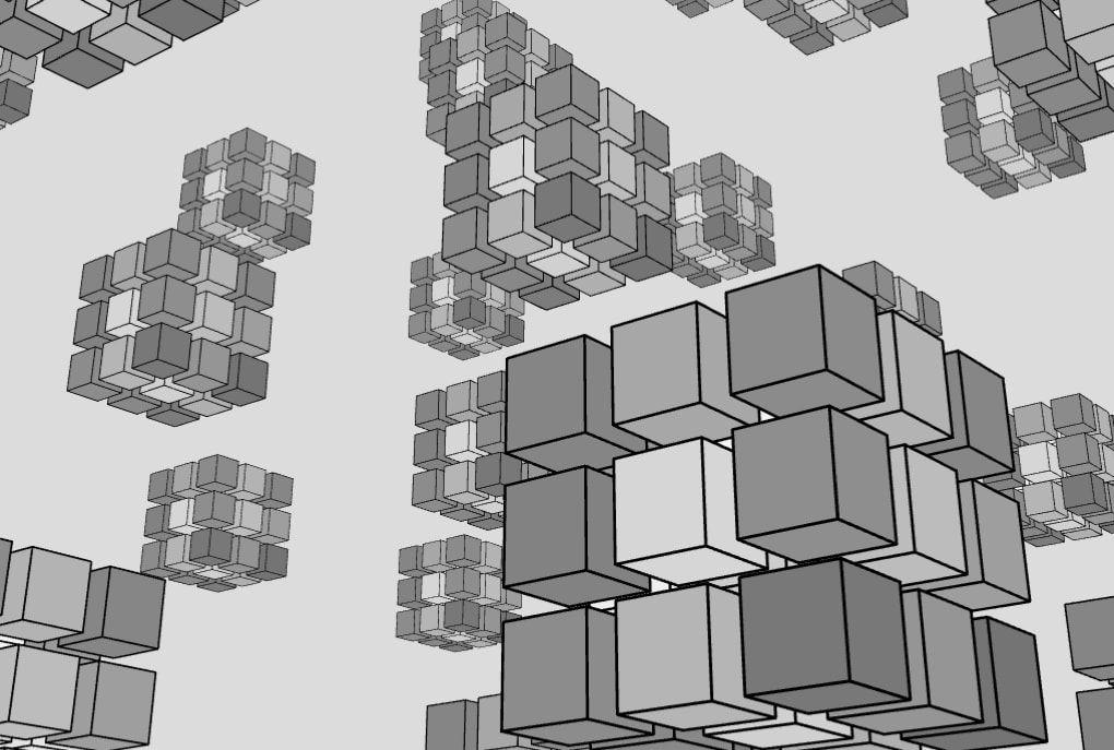 A light grey space with clusters of grey and white cubes floating at different distances, one large cluster close to the viewer at the lower right.