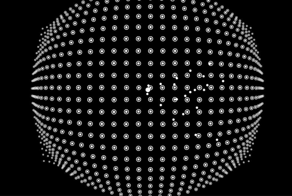 A black screen with a grid of small white rings bulging into the shape of a sphere, and a scatter of smaller solid white dots near the middle.