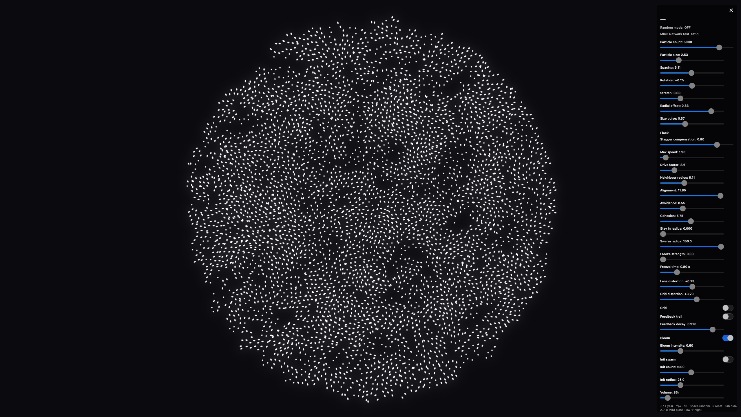 The Swift build showing a dense round swarm of white particles on a black screen, with the whole control panel open down the right edge. It lists random mode and the MIDI connection, then labelled sliders for the particles, the flock, the freeze, the lens and grid, the bloom, the starting swarm and the volume, with switches for the grid, the feedback trail, the bloom and the starting swarm, and the keyboard shortcuts at the bottom.