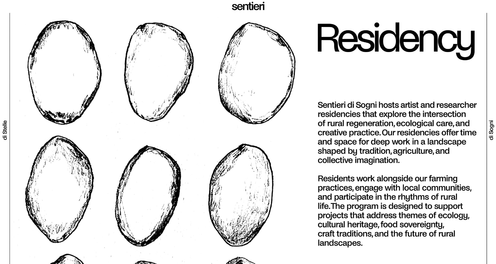The third draft of the Residency page, in black and white. The left pane holds ink drawings of nine olives in three rows. The right pane has the title Residency in very large grotesque type and two paragraphs about the residencies. Thin black lines mark the header and the two side bars, di Stelle and di Sogni.