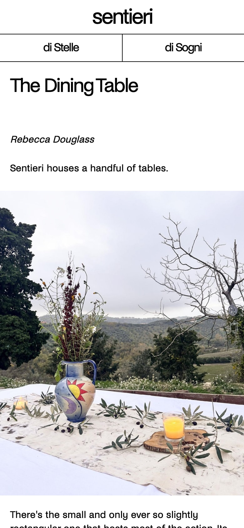 The Dining Table article at phone width. The sentieri header, a bar split into di Stelle and di Sogni, the title, the author's name, a first line of text, the photograph of the jug of flowers at full width, and the text continuing below it.