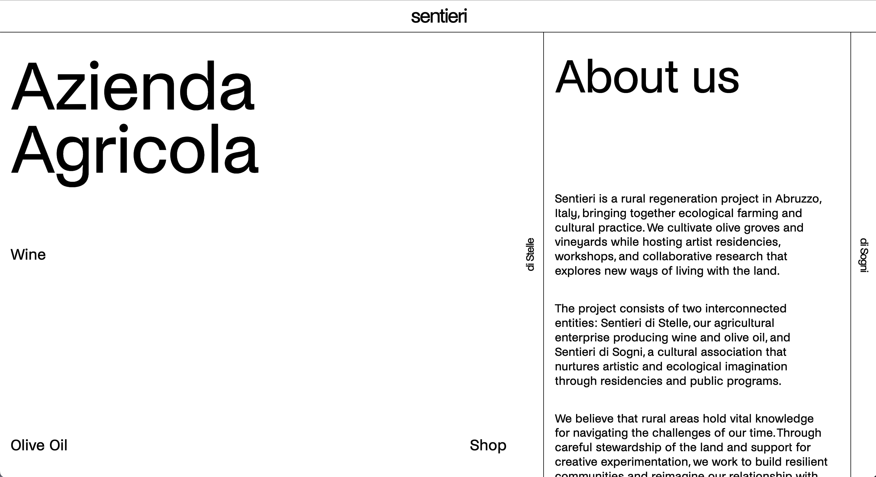The About us page with the di Stelle menu open. The left part of the page is white with the words Azienda Agricola in very large type, the link Wine at mid height, and Olive Oil and Shop at the bottom corners. The di Stelle bar now stands to the right of the menu, and beyond it the About us page is still visible, with its title and its first paragraphs about Sentieri.
